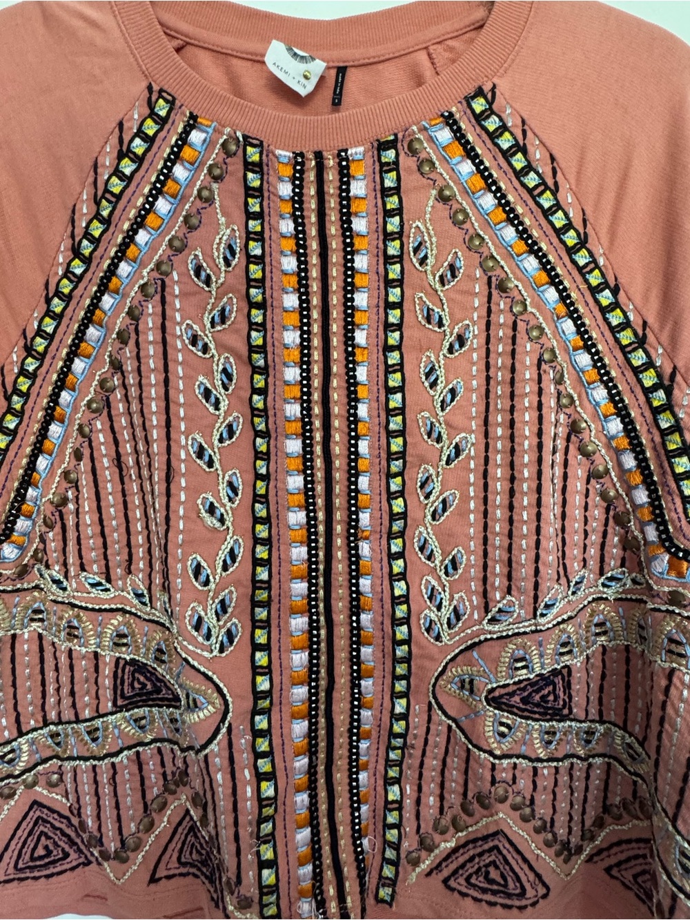 Akemi + Kin Anthropologie Embroidered Beaded Terracotta Sweatshirt S - Picture 4 of 6